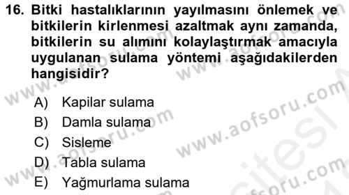 Örtü Altı Üretim Sistemleri Dersi 2017 - 2018 Yılı (Vize) Ara Sınav Soruları 16. Soru