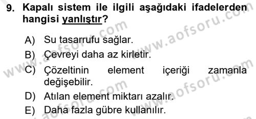Örtü Altı Üretim Sistemleri Dersi 2018 - 2019 Yılı (Final) Dönem Sonu Sınav Soruları 9. Soru