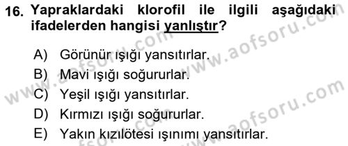 Örtü Altı Üretim Sistemleri Dersi 2021 - 2022 Yılı (Vize) Ara Sınav Soruları 16. Soru