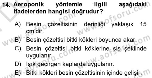 Örtü Altı Üretim Sistemleri Dersi 2021 - 2022 Yılı (Final) Dönem Sonu Sınav Soruları 14. Soru