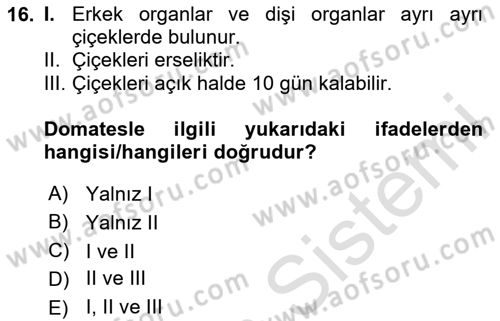 Örtü Altı Üretim Sistemleri Dersi 2024 - 2025 Yılı (Final) Dönem Sonu Sınav Soruları 16. Soru