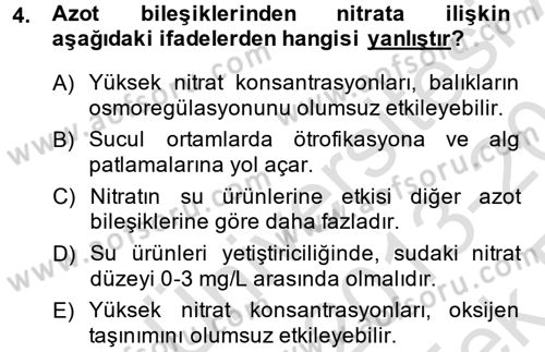 Balık Yetiştiriciliği Dersi 2013 - 2014 Yılı Tek Ders Sınav Soruları 4. Soru