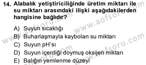 Balık Yetiştiriciliği Dersi 2014 - 2015 Yılı (Final) Dönem Sonu Sınav Soruları 14. Soru