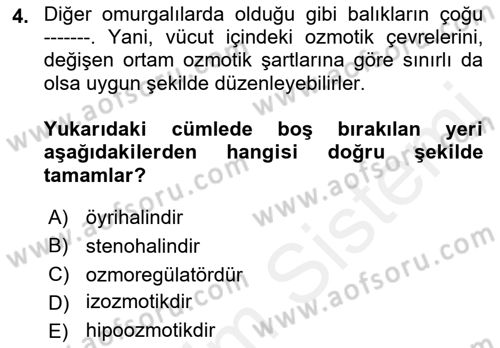 Balık Yetiştiriciliği Dersi 2017 - 2018 Yılı (Vize) Ara Sınav Soruları 4. Soru