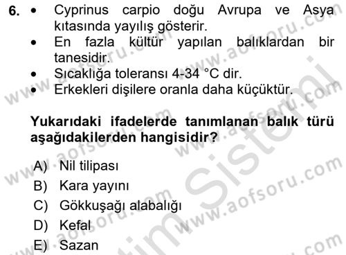 Balık Yetiştiriciliği Dersi 2018 - 2019 Yılı 3 Ders Sınav Soruları 6. Soru