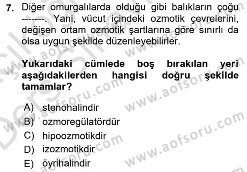 Balık Yetiştiriciliği Dersi 2018 - 2019 Yılı 3 Ders Sınav Soruları 7. Soru