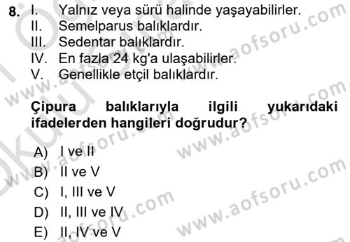 Balık Yetiştiriciliği Dersi 2020 - 2021 Yılı Yaz Okulu Sınav Soruları 8. Soru