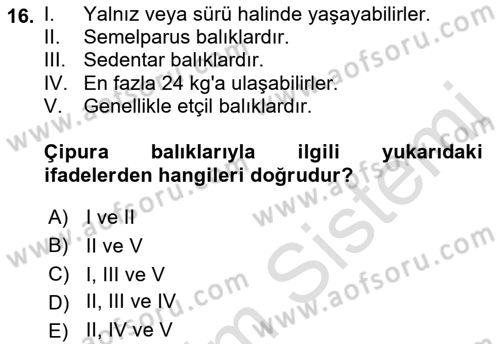 Balık Yetiştiriciliği Dersi 2021 - 2022 Yılı (Vize) Ara Sınav Soruları 16. Soru