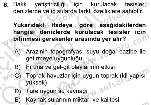 Balık Yetiştiriciliği Dersi 2024 - 2025 Yılı Yaz Okulu Sınav Soruları 6. Soru