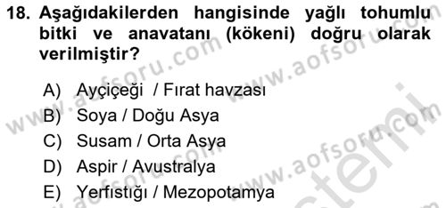 Tarla Bitkileri Dersi 2024 - 2025 Yılı (Vize) Ara Sınav Soruları 18. Soru