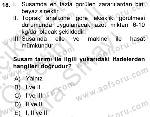 Tarla Bitkileri Dersi 2025 - 2026 Yılı (Vize) Ara Sınav Soruları 18. Soru