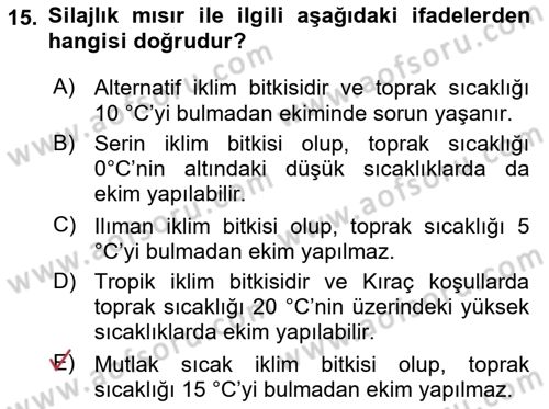 Tarla Bitkileri Dersi 2025 - 2026 Yılı (Final) Dönem Sonu Sınav Soruları 15. Soru