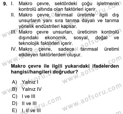 Tarımsal Pazarlama Dersi 2024 - 2025 Yılı (Vize) Ara Sınav Soruları 9. Soru