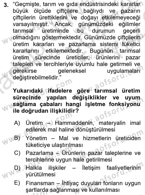 Tarımsal Pazarlama Dersi 2024 - 2025 Yılı Yaz Okulu Sınav Soruları 3. Soru