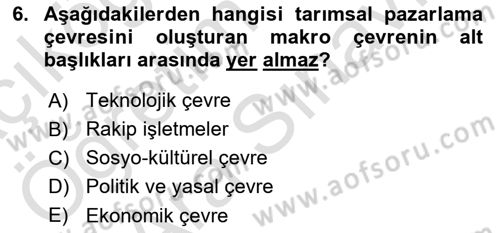 Tarımsal Pazarlama Dersi 2025 - 2026 Yılı (Vize) Ara Sınav Soruları 6. Soru