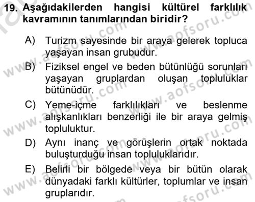 Turist Davranışı Dersi 2020 - 2021 Yılı Yaz Okulu Sınav Soruları 19. Soru