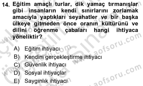 Turist Davranışı Dersi 2021 - 2022 Yılı (Vize) Ara Sınav Soruları 14. Soru