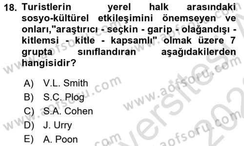 Turist Davranışı Dersi 2021 - 2022 Yılı (Vize) Ara Sınav Soruları 18. Soru