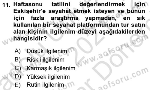 Turist Davranışı Dersi 2021 - 2022 Yılı (Final) Dönem Sonu Sınav Soruları 11. Soru