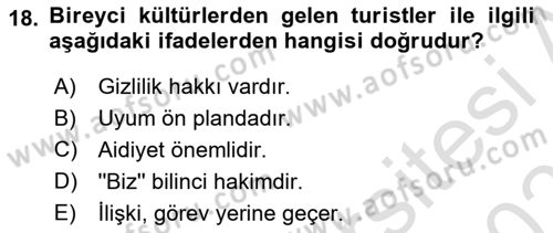 Turist Davranışı Dersi 2021 - 2022 Yılı (Final) Dönem Sonu Sınav Soruları 18. Soru