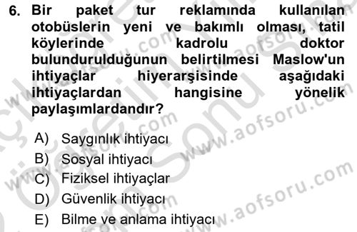 Turist Davranışı Dersi 2021 - 2022 Yılı (Final) Dönem Sonu Sınav Soruları 6. Soru