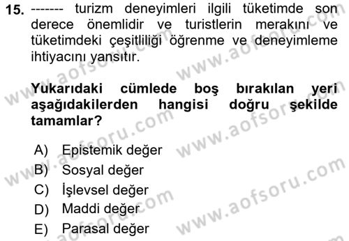 Turist Davranışı Dersi 2021 - 2022 Yılı Yaz Okulu Sınav Soruları 15. Soru