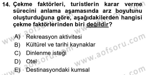 Turist Davranışı Dersi 2023 - 2024 Yılı (Vize) Ara Sınav Soruları 14. Soru