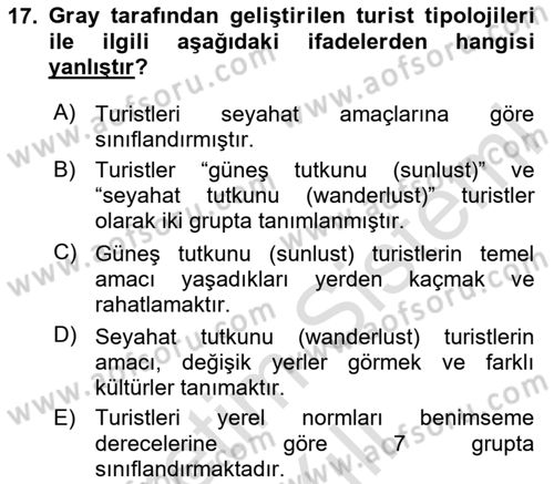 Turist Davranışı Dersi 2023 - 2024 Yılı (Vize) Ara Sınav Soruları 17. Soru