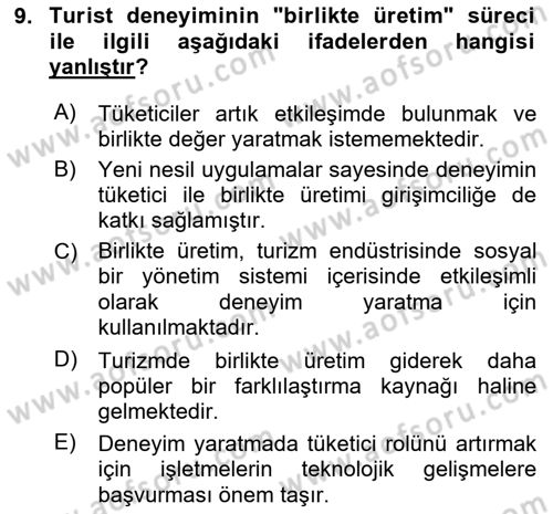 Turist Davranışı Dersi 2023 - 2024 Yılı (Final) Dönem Sonu Sınav Soruları 9. Soru