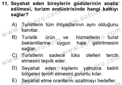 Turist Davranışı Dersi 2024 - 2025 Yılı (Vize) Ara Sınav Soruları 11. Soru