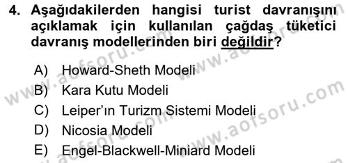 Turist Davranışı Dersi 2024 - 2025 Yılı (Vize) Ara Sınav Soruları 4. Soru