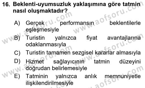 Turist Davranışı Dersi 2024 - 2025 Yılı (Final) Dönem Sonu Sınav Soruları 16. Soru