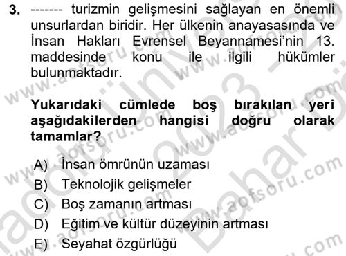 Özel İlgi Turizm Dersi 2023 - 2024 Yılı (Vize) Ara Sınav Soruları 3. Soru