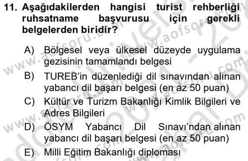 Turist Rehberliği Dersi 2021 - 2022 Yılı (Vize) Ara Sınav Soruları 11. Soru