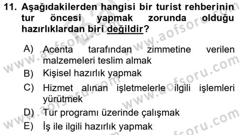 Turist Rehberliği Dersi 2021 - 2022 Yılı (Final) Dönem Sonu Sınav Soruları 11. Soru