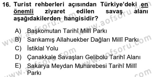 Turist Rehberliği Dersi 2021 - 2022 Yılı Yaz Okulu Sınav Soruları 16. Soru
