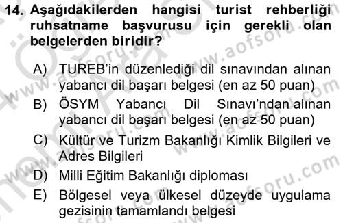 Turist Rehberliği Dersi 2023 - 2024 Yılı (Vize) Ara Sınav Soruları 14. Soru