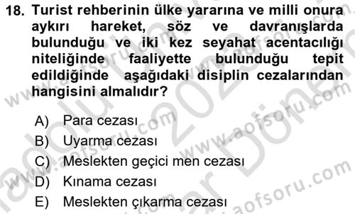 Turist Rehberliği Dersi 2023 - 2024 Yılı (Final) Dönem Sonu Sınav Soruları 18. Soru