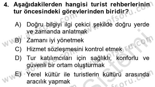 Turist Rehberliği Dersi 2023 - 2024 Yılı Yaz Okulu Sınav Soruları 4. Soru