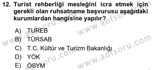 Turist Rehberliği Dersi 2024 - 2025 Yılı (Vize) Ara Sınav Soruları 12. Soru