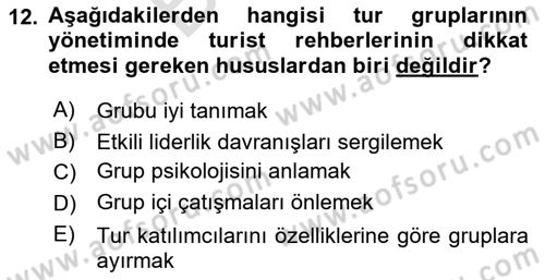 Turist Rehberliği Dersi 2024 - 2025 Yılı (Final) Dönem Sonu Sınav Soruları 12. Soru