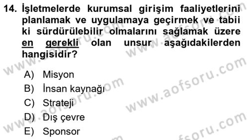 Turizmde Girişimcilik Ve İnovasyon Dersi 2021 - 2022 Yılı (Final) Dönem Sonu Sınav Soruları 14. Soru