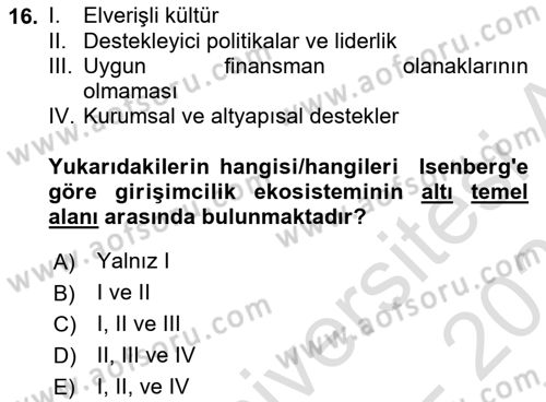 Turizmde Girişimcilik Ve İnovasyon Dersi 2021 - 2022 Yılı (Final) Dönem Sonu Sınav Soruları 16. Soru