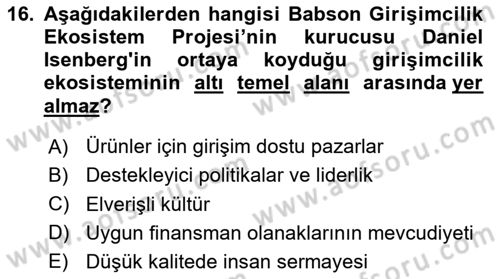 Turizmde Girişimcilik Ve İnovasyon Dersi 2023 - 2024 Yılı (Final) Dönem Sonu Sınav Soruları 16. Soru
