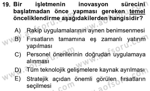 Turizmde Girişimcilik Ve İnovasyon Dersi 2025 - 2026 Yılı (Vize) Ara Sınav Soruları 19. Soru