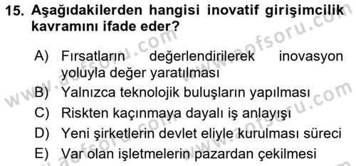 Turizmde Girişimcilik Ve İnovasyon Dersi 2025 - 2026 Yılı (Final) Dönem Sonu Sınav Soruları 15. Soru