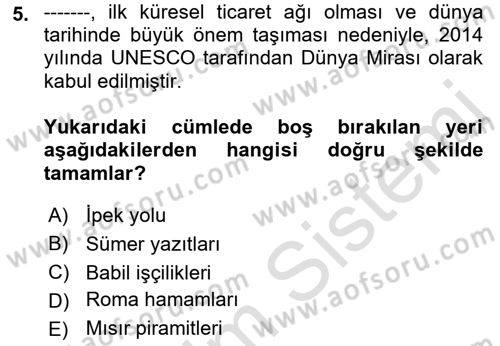 Turizm Tarihi Dersi 2021 - 2022 Yılı (Vize) Ara Sınavı 5. Soru