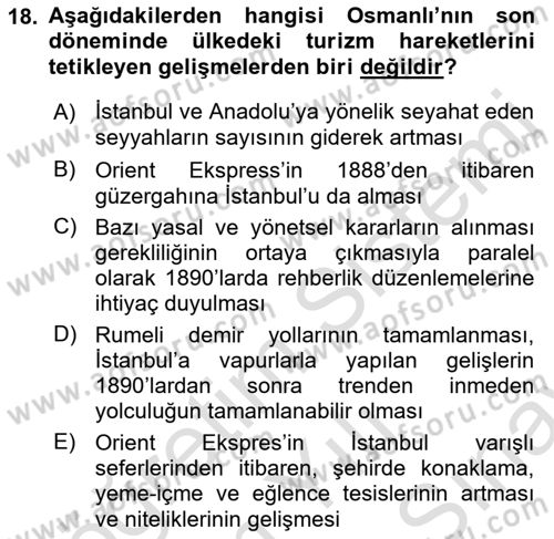 Turizm Tarihi Dersi 2021 - 2022 Yılı (Final) Dönem Sonu Sınav Soruları 18. Soru