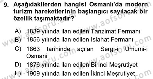 Turizm Tarihi Dersi 2021 - 2022 Yılı Yaz Okulu Sınav Soruları 9. Soru