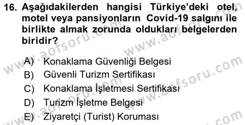 Turizm Ve Güvenlik Dersi 2020 - 2021 Yılı Yaz Okulu Sınav Soruları 16. Soru